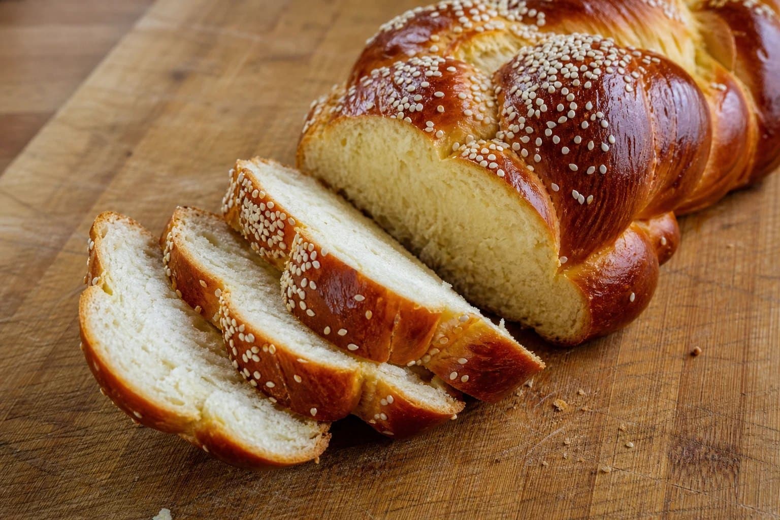 A braided challah loaf topped with sesame seeds, partly sliced on a wooden board