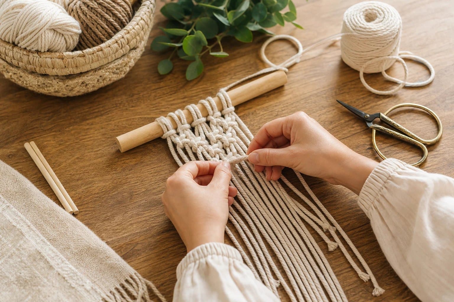 Hands tying macramé knots on a wooden rod, with balls of cotton cord and scissors on the table