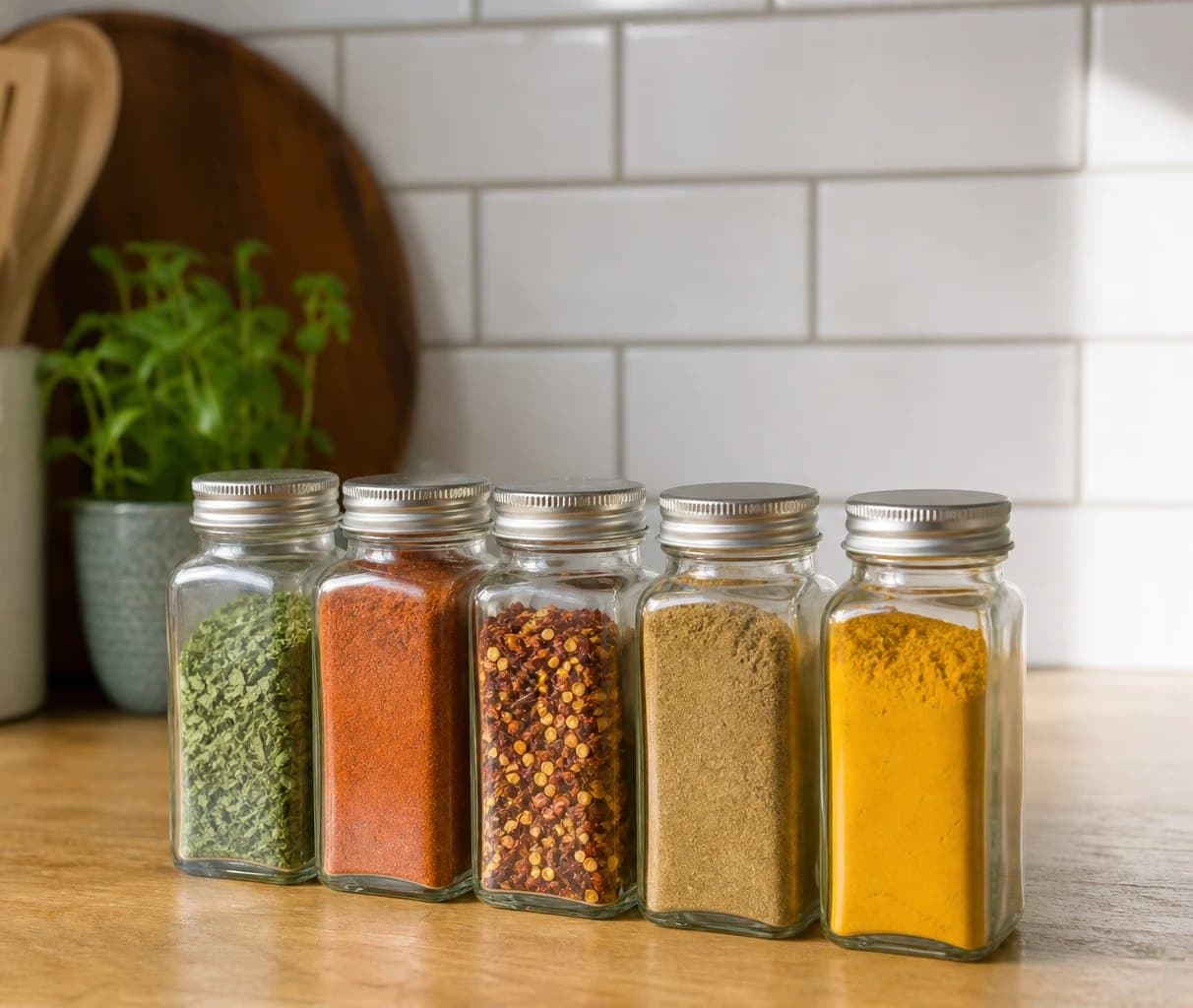 Five glass jars of colourful spices and dried herbs on a wooden kitchen bench