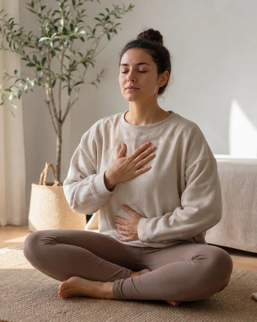 A person sitting cross-legged with eyes closed, one hand on their chest, breathing slowly